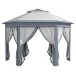 Tenda Dobrável 4x3,4 m Tenda de Jardim Hexagonal com Duplo Tecto 6 Mosquiteiras Destacáveis e Saco de Transporte Cinzento