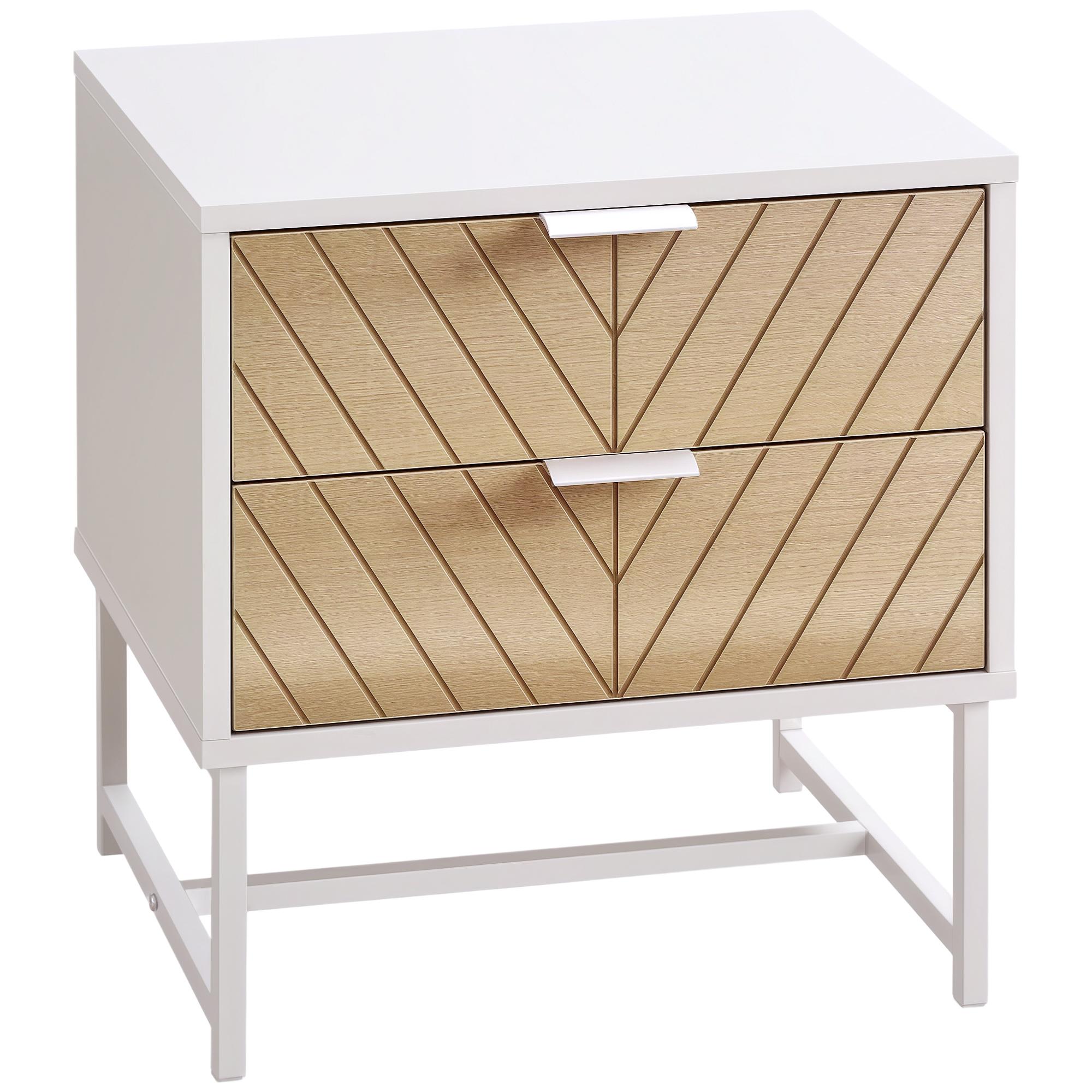 Mesa de Cabeceira com 2 Gavetas Mesa Auxiliar com Pés de Aço para Sala de Estar Dormitório 45x39x48cm Carvalho e Branco