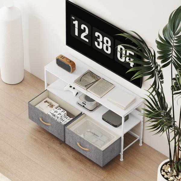 Móvel de TV com Prateleira e 2 Gavetas de Tecido Dobráveis para Televisores até 47 Polegadas 98x29x56 cm Branco e Cinza