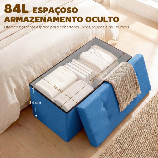Puff de Armazenamento Banco de Armazenamento Dobrável 84 L 76x38x38 cm Estofado em Linho Sintético Azul Claro