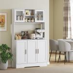 Armário de Cozinha com 2 Portas de Vidro Bancada Ampla para Micro - ondas Compartimentos Abertos Prateleiras Ajustáveis Branco