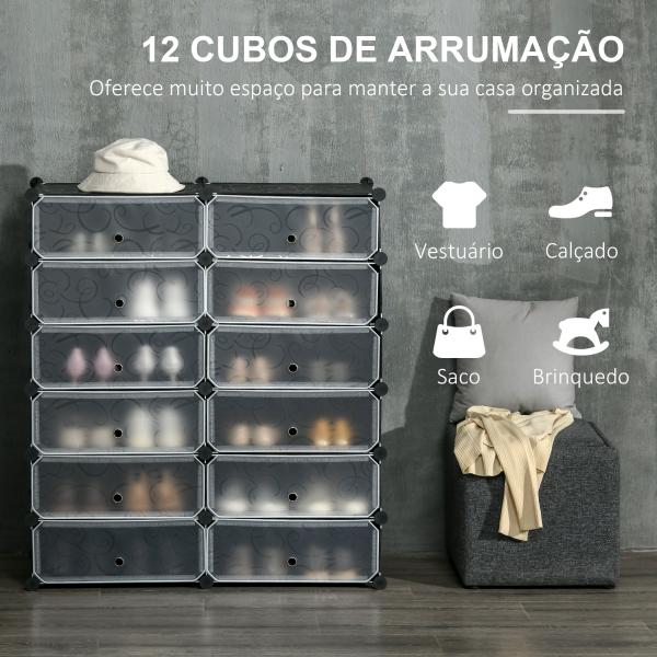 Sapateira Modular de Cubos de Plástico Armário Modular para Sapatos com 12 Cubos com Porta Desenho de DIY 94x37x108 cm Preto