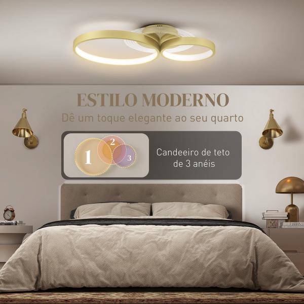 Candeeiro de Teto LED 40W Candeeiro Moderno com Iluminação LED 3000K/4000K/6500K 59x38x7,4 cm Dourado