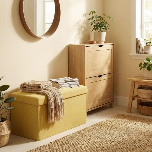 Puff de Arrumação Banco de Arrumação Dobrável 84 L 76x38x38 cm Estofado em Linho Sintético Amarelo