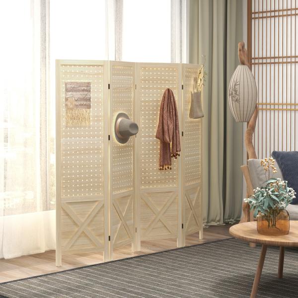 Biombo de 4 Painéis Separador de Ambientes Dobrável 152x1,7x144,5 cm Painéis com Orifícios para Pendurar Madeira