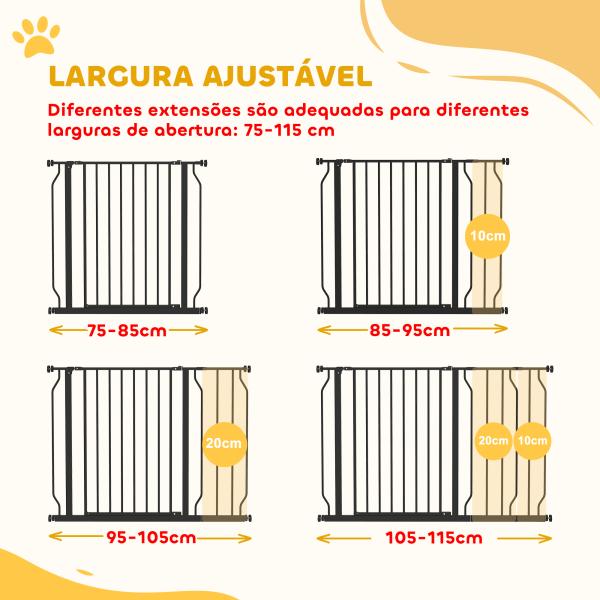 Barreira de Segurança para Cães Extensível para Escadas e Portas 75 - 115 cm com 2 Extensões e 10 - 20 cm Altura 76 cm Preto