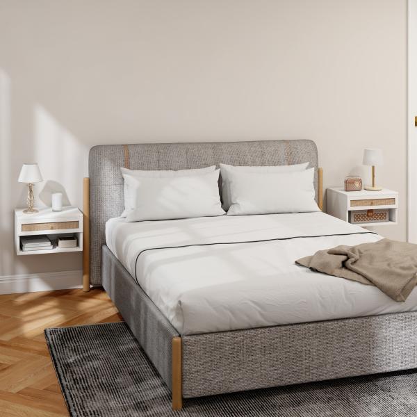 Conjunto de 2 Mesas de Cabeceiras Suspensas com Compartimento Aberto e Gaveta com Frente em Vime 40x34x23 cm Branco