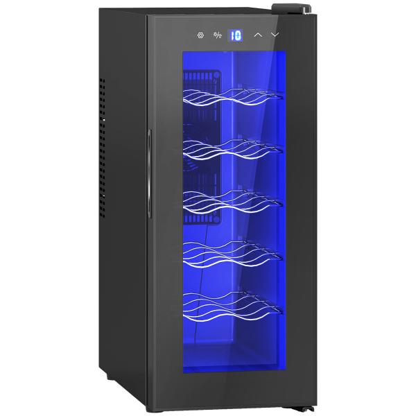 Cave de Vinhos 12 Garrafas com Dupla Refrigeração Termoelétrica Temperatura Ajustável 8 - 18℃ Porta de Vidro Anti - UV Ecrã LED Luz Interior Preto