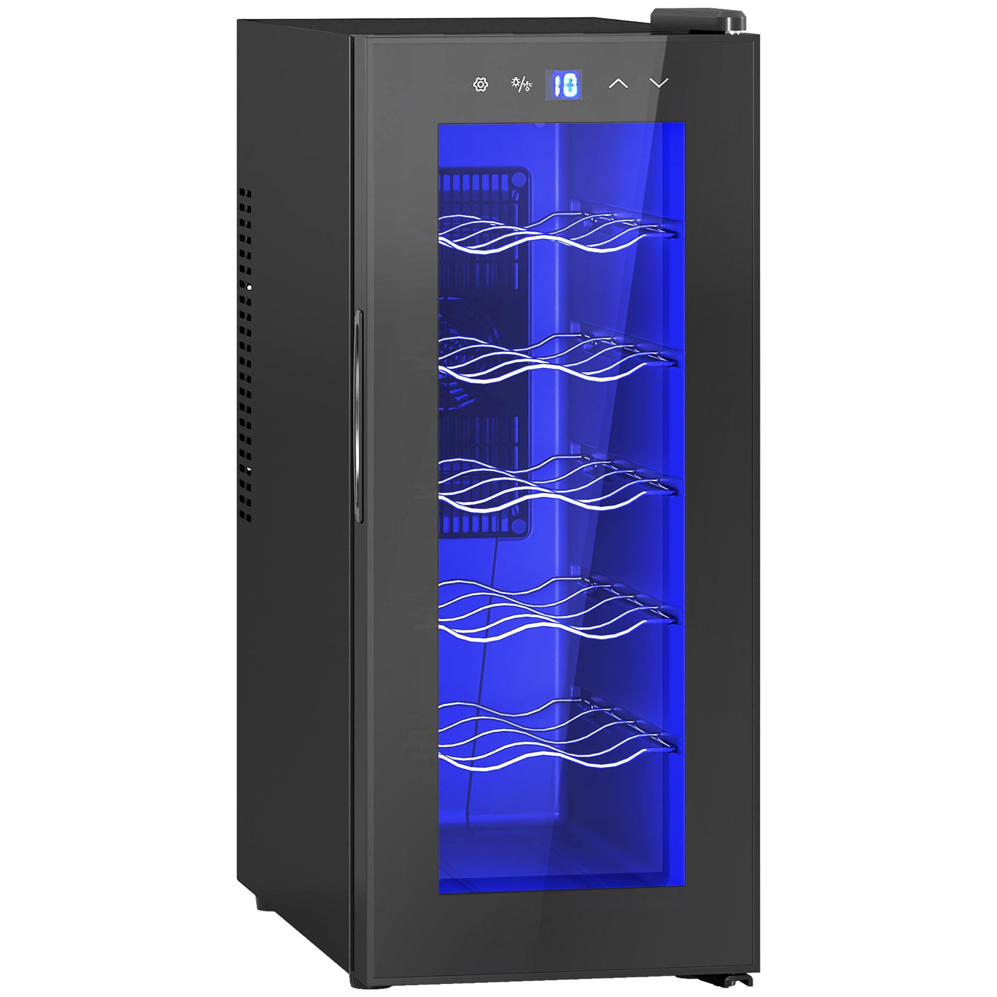 Cave de Vinhos 12 Garrafas com Dupla Refrigeração Termoelétrica Temperatura Ajustável 8 - 18℃ Porta de Vidro Anti - UV Ecrã LED Luz Interior Preto