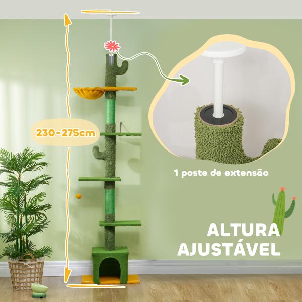Arranhador para Gatos de Chão a Teto de 230 - 275 cm com Altura Ajustável Postes de Sisal e Bola de Brincar Verde