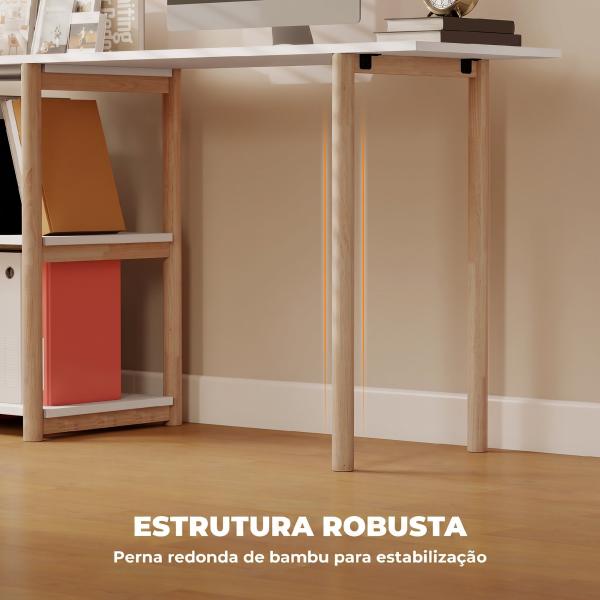 Secretária de Canto Dobrável em L 150 cm com Prateleiras e Estrutura em Bambu para Quarto e Estúdio, Branco