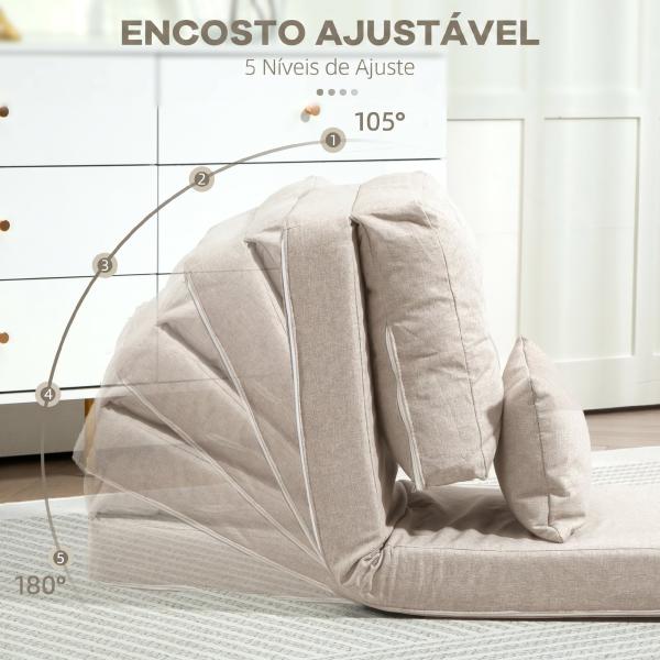 Sofá - Cama Individual Dobrável Estofado em Linho com Encosto Ajustável 5 Posições e 1 Almofada Bege