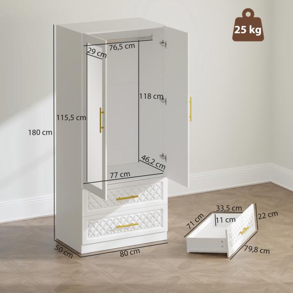 Roupeiro com Espelho 2 Portas e 2 Gavetas Relevo de Diamante Barra para Pendurar Estilo Moderno 80x50x180 cm Branco