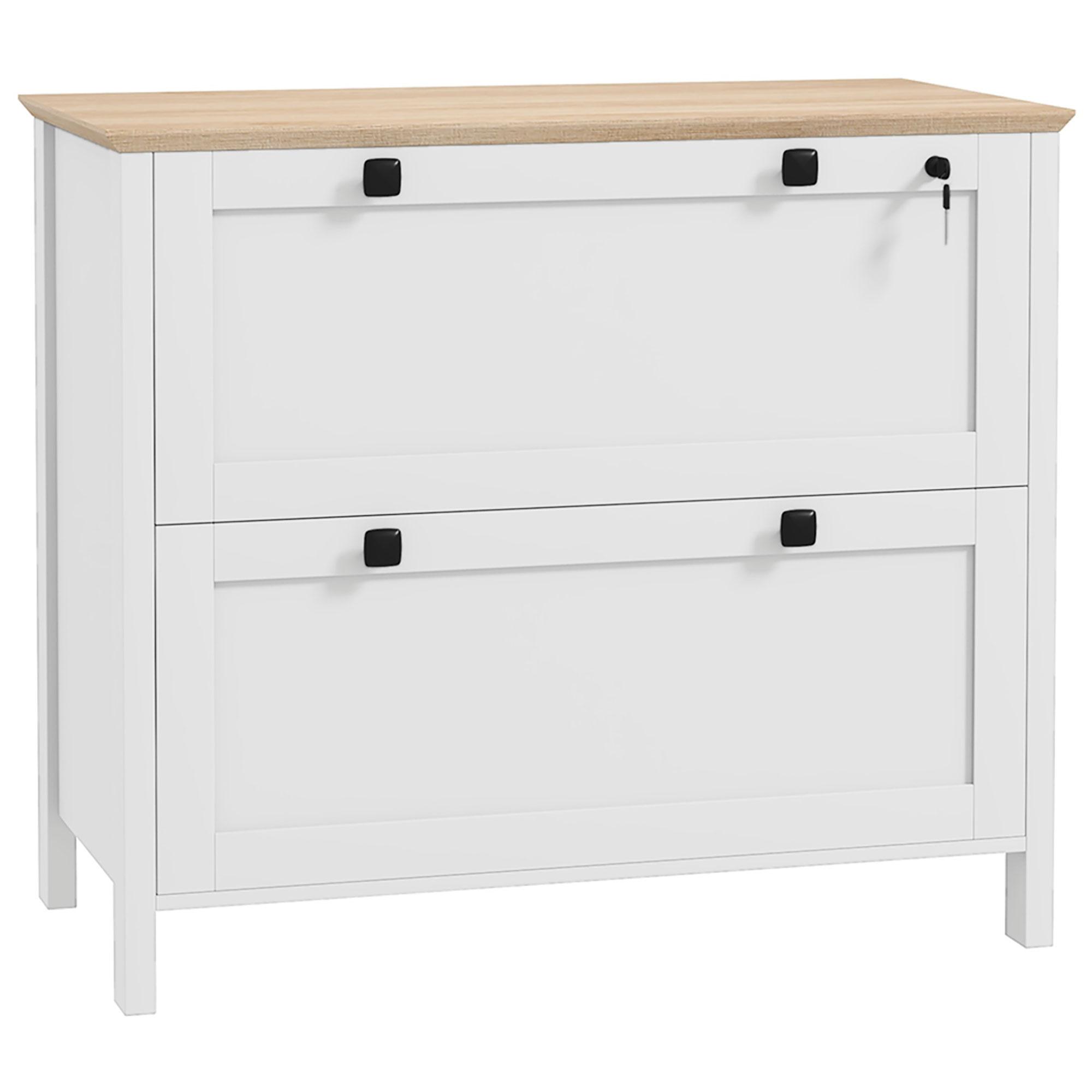 Móvel Arquivador com 2 Gavetas 2 Barras Suspensas para Tamanho A4 e 2 Chaves 79x40x72 cm Branco e Madeira