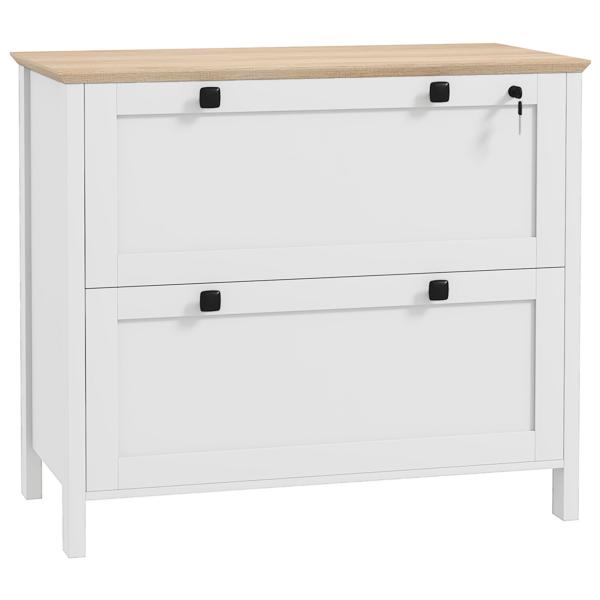 Móvel Arquivador com 2 Gavetas 2 Barras Suspensas para Tamanho A4 e 2 Chaves 79x40x72 cm Branco e Madeira