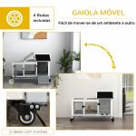 Coelheira de Madeira com Rodas para 1 - 2 Coelhos com Teto Abatível Bandeja Amovível 108x58x73,5 cm Cinza e Branco