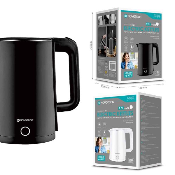 Chaleira Elétrica HA-001 Negro - 2,5L, 1500W, Aço Inoxidável, Proteção Contra Fervura a Seco