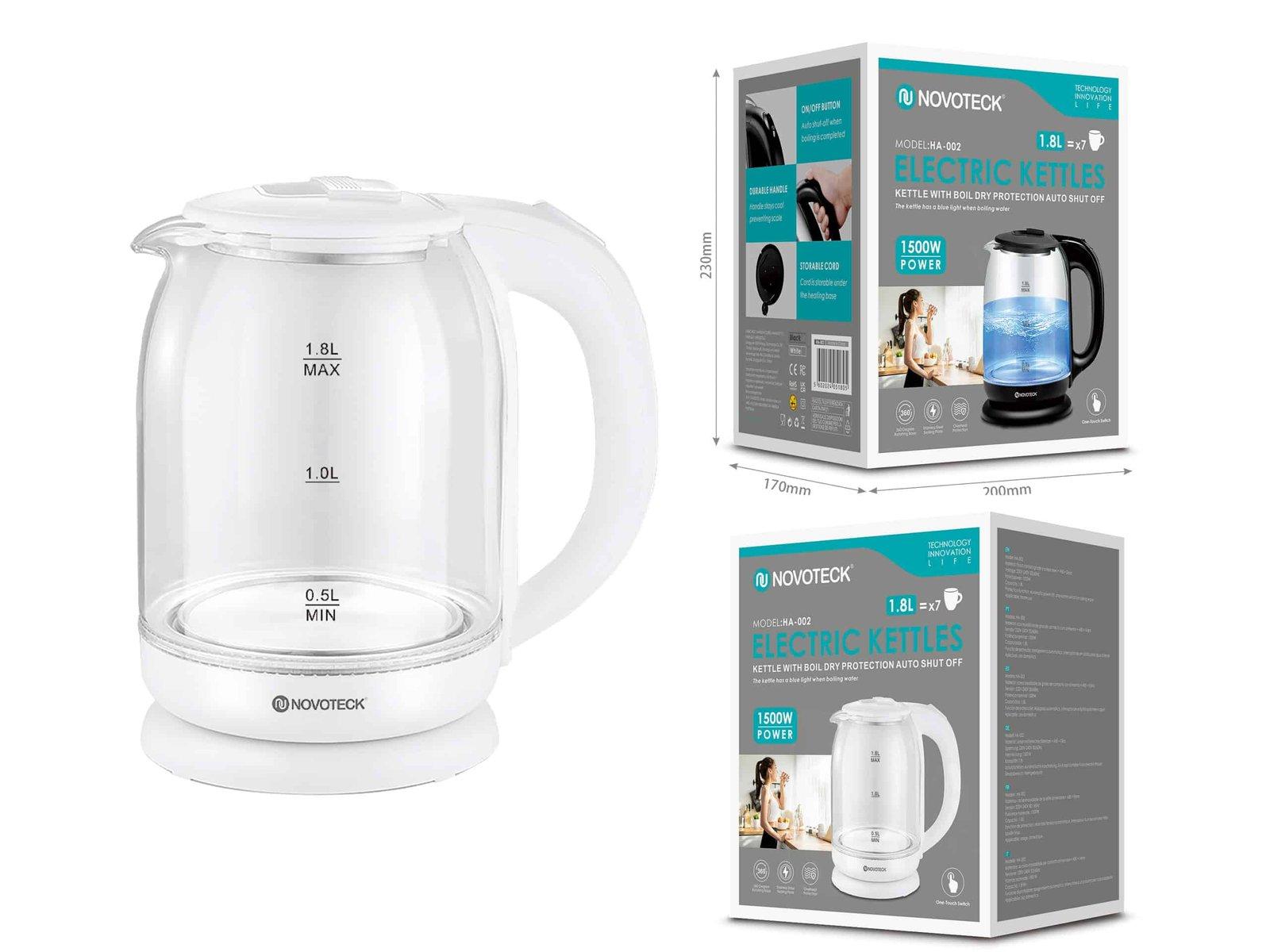 Chaleira Elétrica de Vidro HA-002 Branco - 1,8L, 1500W, Iluminação LED, Proteção Contra Fervura a Seco