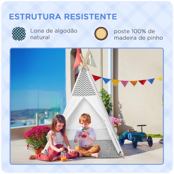 Tenda Tipi para Crianças acima de 3 Anos Tenda Infantil de Madeira Portátil com Janela Almofada e Bolsa de Transporte para Interiores e Exteriores 120x120x155cm Cinza