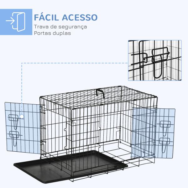 Gaiola para Cães com 2 Portas Gaiola para Animais de Estimação de Arame Dobrável com Alça de Transporte Aço 76x46x52cm Preto