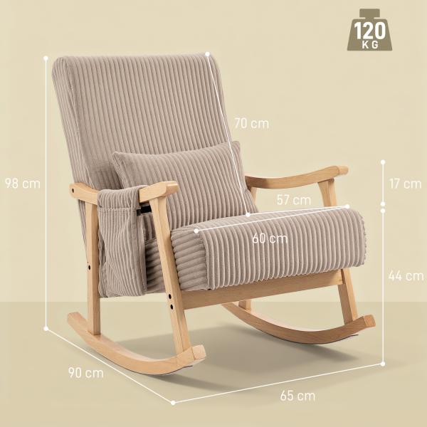 Poltrona Baloiço Moderna em Veludo Cotelê com Apoio para os Braços Almofada Lombar e Bolso Poltrona de Amamentação 65x90x98 cm Castanho Claro