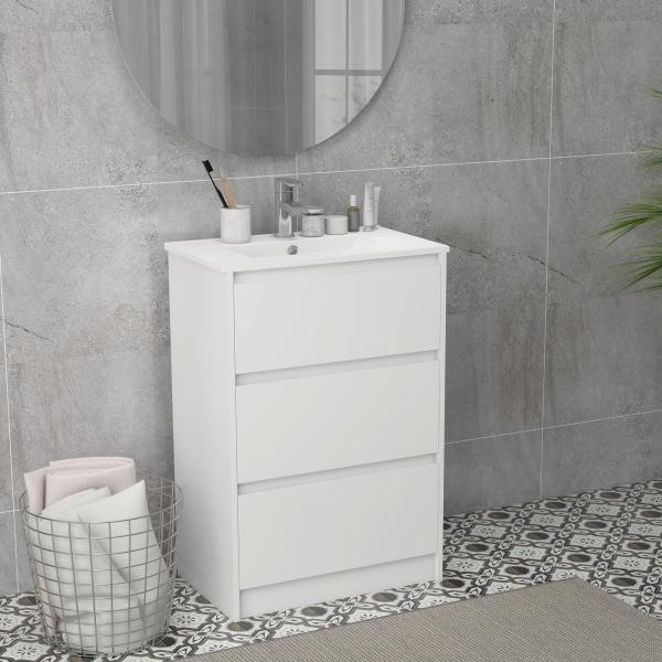 Móvel de Casa de Banho com Lavatório Armário Casa de Banho de Cerâmica Sintética com 2 Gavetas 61x37x88 cm Branco Brilhante