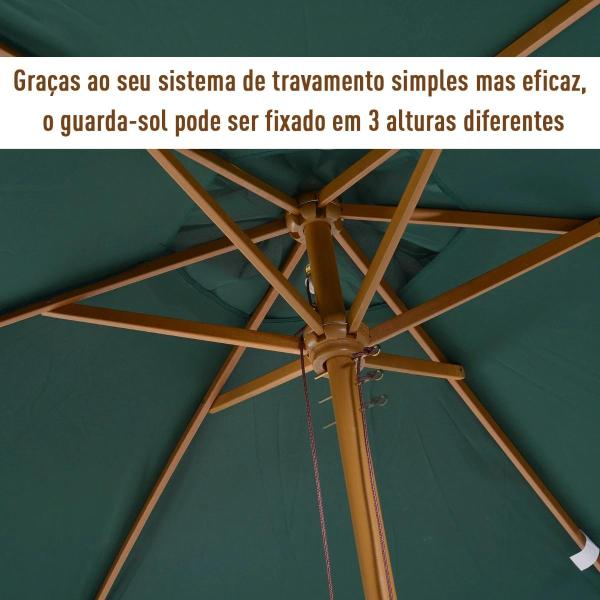 Chapéu de Sol Ø250x230cm Chapéu de Sol com Mastro de Madeira com 6 Hastes Sistema de Polia com Fixação para Jardim Pátio Terraço Verde