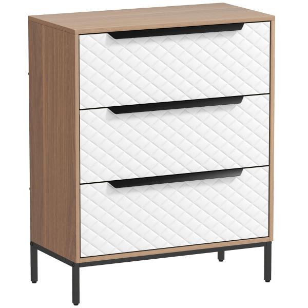 Cómoda com 3 Gavetas de Tecido Frentes com Padrão de Diamante Móvel de Arrumação 59,5x30x73,5 cm Madeira e Branco