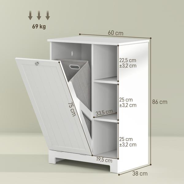 Móvel Casa de Banho com Cesto para Roupa Móvel Auxiliar Casa de Banho com Prateleiras Abertas e Cesta Amovível 60x38x86 cm Branco
