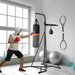 Saco de Boxe Suspenso com Suporte Bola de Velocidade Ajustável em Altura de 167 - 187cm e Inflador para Treinamento Fitness em Casa Ginásio 115×157×221 cm Preto e Cinza