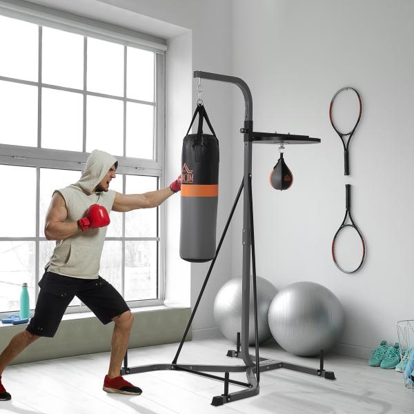 Saco de Boxe Suspenso com Suporte Bola de Velocidade Ajustável em Altura de 167 - 187cm e Inflador para Treinamento Fitness em Casa Ginásio 115×157×221 cm Preto e Cinza