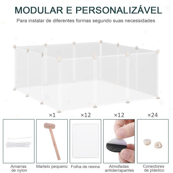 Recinto para Pequenos Animais Modular de Metal com 12 Painéis e 24 Conectores para Coelhos Porquinhos da Índia 105x105x45 cm Branco