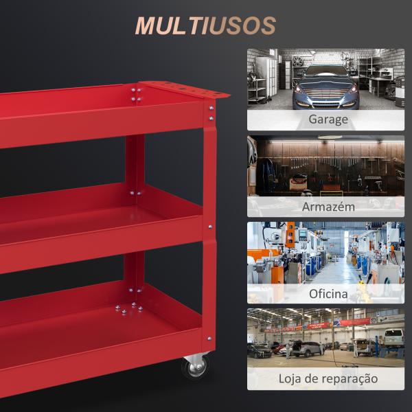 Carrinho de Ferramentas com Rodas 3 Prateleiras de Armazenamento e Alça Lateral 83x35,3x76 cm Vermelho