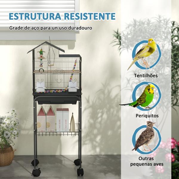 Gaiola para Passáros Gaiola de Metal com Portas 4 Comedouros 3 Poleiros Baloiço Escadas e Bandeja Removível 46x36x120 cm Preto