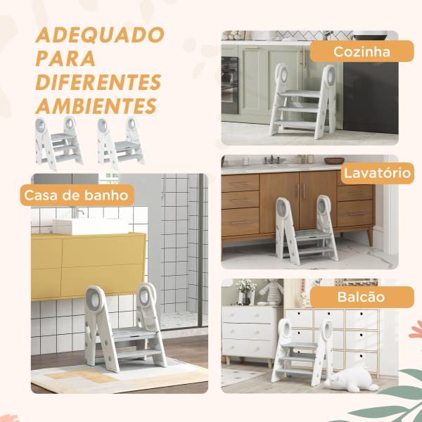 Banco para Crianças Dobrável Torre de Aprendizagem Escada para Crianças Antiderrapante 46,5x47x61,5 cm Cinza e Branco
