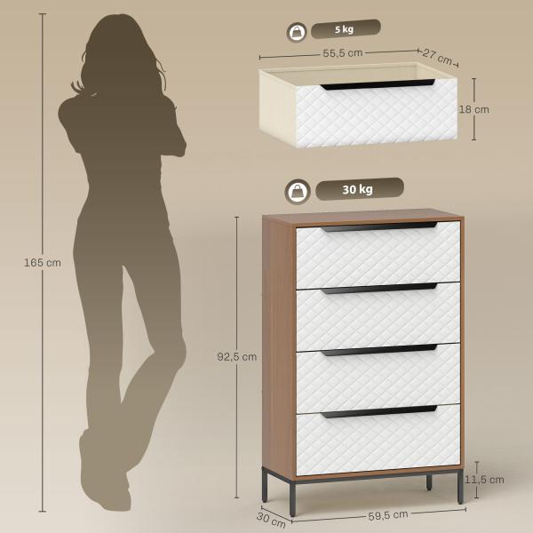Cómoda com 4 Gavetas de Tecido Frentes com Padrão de Diamante Móvel de Arrumação 59,5,5x30x92,5 cm Madeira e Branco