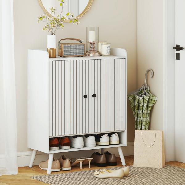 Sapateira de 2 Portas em Ripas Sapateira para Entrada com Prateleiras Ajustáveis Compartimento Aberto para 15 Pares de Sapatos 75x35x97 cm Branco