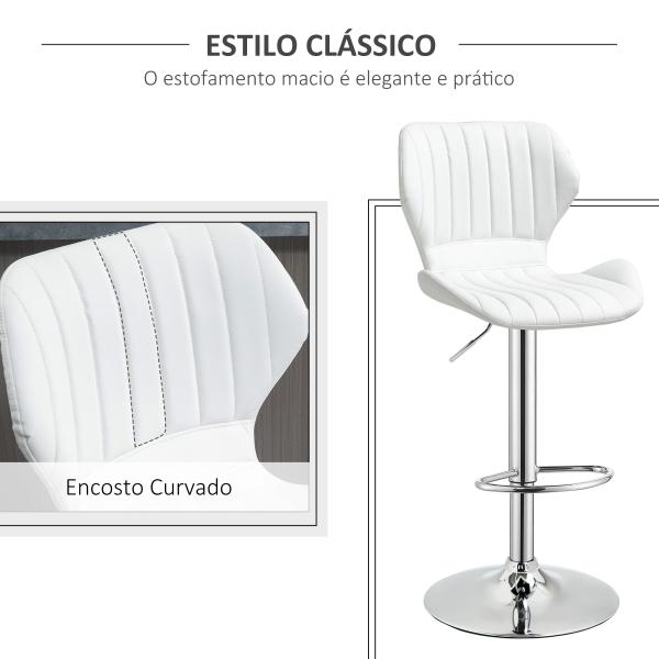 Conjunto de 2 Bancos de Bar Bancos Altos de Cozinha Giratório Altura Ajustável 91,5 - 113,5cm com Apoio para os Pés e Base de Metal Ø41 cm Branco