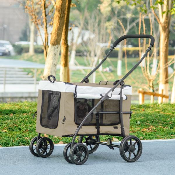Carrinho para Animais de Estimação Carrinho para Cães Dobrável com Compartimento Desmontável 4 Portas 81x58x97,5 cm Cáqui