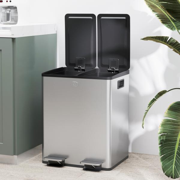 Balde de Lixo de Cozinha com 2 Compartimentos 2x20L Pedal Tampa de Fechamento Suave e Cubo Amovível Prata