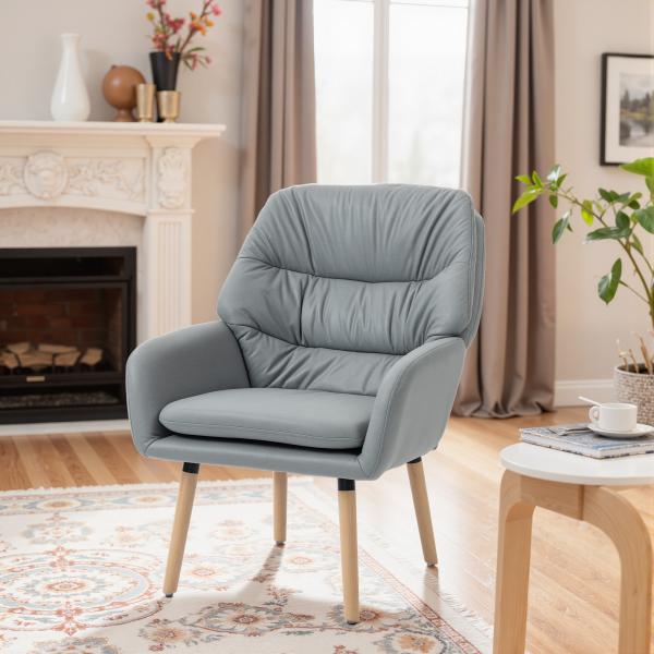 Poltrona de Sala de Estar Moderna Acolchoada de Dupla Camada Estofada em Couro Sintético Pés de Madeira 68x74x89 cm Cinza