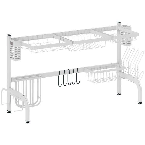 Escorredor de Louça de Aço de 2 Níveis com Prateleira para Pratos Suporte para Facas e Talheres 100x30x54,5 cm Branco
