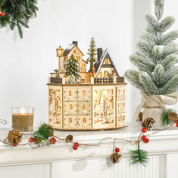 Calendário do Advento de Natal em Madeira Reutilizável com Luzes LED 24 Gavetas Cena de Aldeia 25x20x29 cm Natural