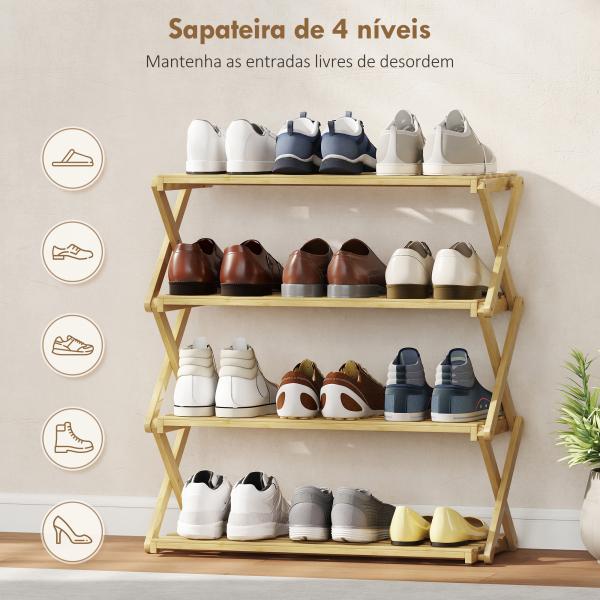 Sapateira Estreita de Bambu Dobrável de 4 Níveis para Entrada Corredor Quarto 60x29x67 cm Madeira