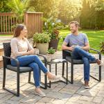 Conjunto de Jardim 3 Peças de Vime com 2 Cadeiras com Almofadas Tecido Textilene e Mesa de Vidro Temperado Cinza