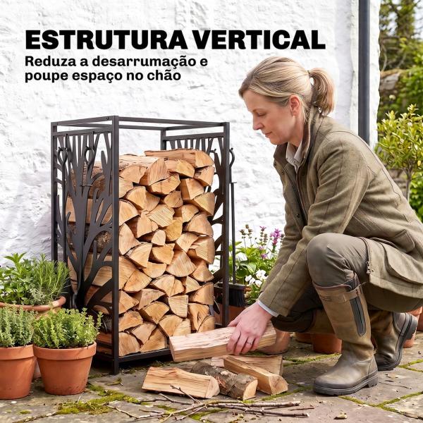Suporte para Lenhas Suporte de Armazenamento para Lenhas 46x30x70 cm com 4 Ferramentas para Interior e Exterior Preto