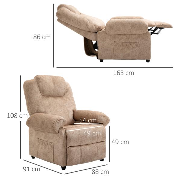 Poltrona Relax Reclinável com Apoio para os Pés Retrátil Encosto Alto Bolso Lateral Acolchoado Grosso 88x91x108 cm Bege