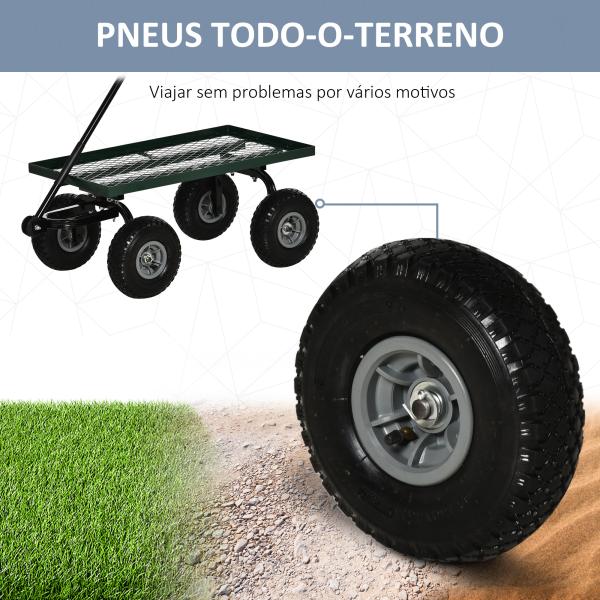Carro de Transporte com Pega Revestida e 4 Rodas Grandes de Ø24 cm Carrinho de Jardim em Aço 94x48,5x100 cm Preto e Verde