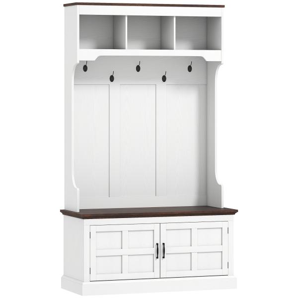 Móvel Cabide de Entrada com Banco Sapateira 5 Ganchos 3 Prateleiras Armário e Compartimentos Estilo Rústico 105x40x180 cm Branco