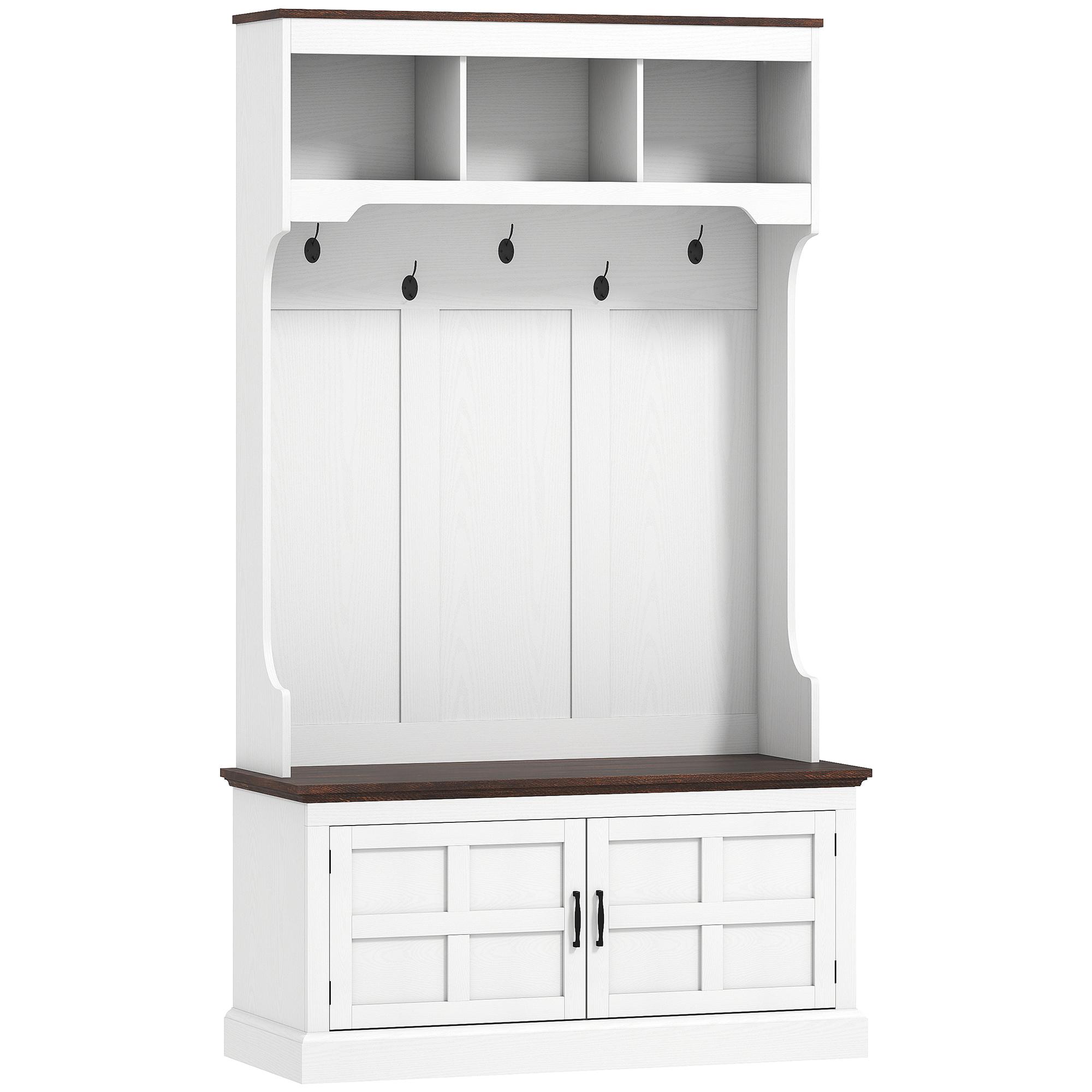 Móvel Cabide de Entrada com Banco Sapateira 5 Ganchos 3 Prateleiras Armário e Compartimentos Estilo Rústico 105x40x180 cm Branco